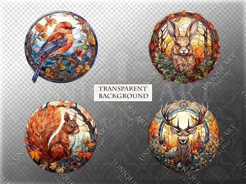 May include: Four round stained glass illustrations featuring a red bird, a rabbit, a deer, and a squirrel. Each illustration is set against a background of autumn leaves and trees.