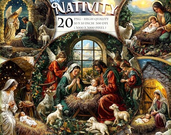 Nativity Scene Round Cliparts, Printable 20 PNG image, Decorative Gift Ornament Fussy Cuts Sticker Door Hanger Wreath Sign, instant download