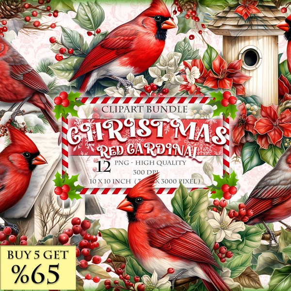 Christmas Red Cardinal Birds, Watercolor Clipart Bundle, 12 HQ Printable, PNG format, instant download