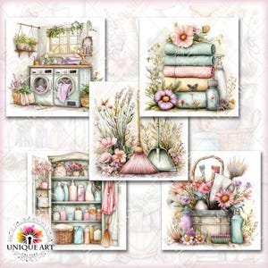 May include: A collage of watercolor illustrations featuring a laundry room, stacked towels, cleaning supplies, and a broom with a dustpan. The images are decorated with flowers and plants, creating a soft, feminine aesthetic.