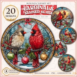 May include: A digital clipart set featuring 20 round stained glass designs of cardinals. The main image shows two cardinals perched on a branch with holly and ornaments, labeled ROUND CLIPART SET CARDINALS STAINED GLASS 10 X 10 INCH 300 DPI.