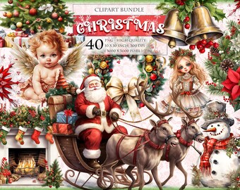 Christmas Watercolor Clipart Bundle, Printable 40 PNG image, Sublimation Sticker Junk Journal Scrapbook Ephemera Fussy Cuts instant download