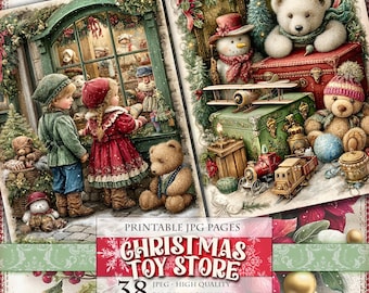 Christmas Toy Store, Nostalgic Noel, Printable 38 JPG image, Junk Journal Scrapbook Ephemera Clipart Decoupage Paper, Instant download.