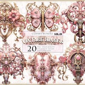 Puede incluir: Un conjunto de 20 bisagras de estilo vintage con detalles ornamentados. Las bisagras son de color dorado y rosa con intrincados diseños florales. Las bisagras miden 25,4 cm por 25,4 cm y 300 DPI.