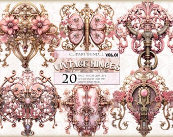 Peut inclure: Un ensemble de 20 charnières de style vintage avec des détails ornés. Les charnières sont dans un schéma de couleurs or et rose avec des motifs floraux complexes. Les charnières mesurent 25,4 cm sur 25,4 cm et 300 DPI.