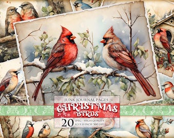 Christmas Birds, Winter View Watercolor Junk Journal Pages, 20 JPG - 11X8,5 inch, Instant download printable digital image, decoupage