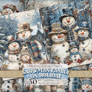 Familia de muñecos de nieve de vacaciones, hoja de collage digital, páginas imprimibles, HQ 30 JPG - 8,5 X 11 pulgadas, página única, descarga instantánea.