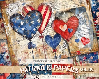American Patriotic Papers Vol.02, Printable HQ 35 JPG image, Junk Journal Folio Pages, Scrapbook Ephemera, Decoupage, Instant download.