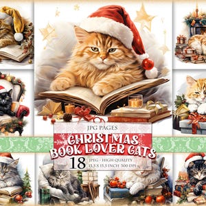 Amateurs de livres de Noël, chats, chaton des fêtes, image imprimable 18 JPG, cliparts aquarelle, album de scrapbooking, téléchargement immédiat.