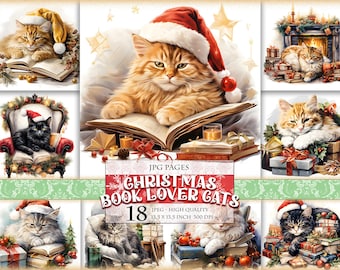 May include: A set of 18 digital images featuring cats in various Christmas-themed settings. The cats are depicted reading books, wearing Santa hats, and surrounded by presents and holiday decorations. The images are high-quality and measure 13.5 x 13.5 inches at 300 DPI.