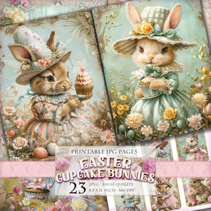 Coniglietti di cupcake pasquali, pagine romantiche primaverili, immagine JPG stampabile da 23, materiale effimero per scrapbooking, Junk Journal Folio, digitale, download immediato.