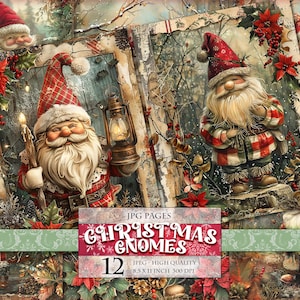 Nains de Noël, pages de scrapbooking imprimables, images numériques à l'aquarelle, journal indésirable, carte postale, fabrication de papier de découpage, téléchargement immédiat.