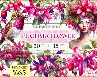 Fuchsia Flower themed Watercolor Clipart Bundle, HQ Printable PNG + JPEG format instant download