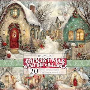 Pueblos de invierno navideños, paisajes navideños, 20 imágenes digitales en formato JPG, clipart, álbum de recortes, diario basura, decoupage, postal, descarga instantánea