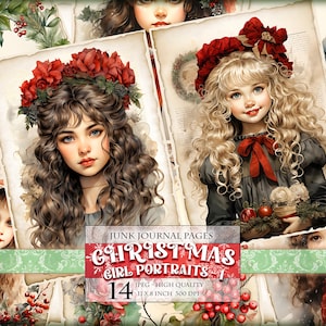 Kerstmeisje portretten -1, afdrukbare digitale afbeelding, 14 JPG - 11 x 8 inch, afdrukbare aquarel clipart, decoupage, poster, Instant download