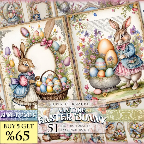 Vintage Easter Bunny and Eggs, Watercolor Junk Journal Kit, Printable 51 Single Page JPG - 11X8.5 inch, Instant download.