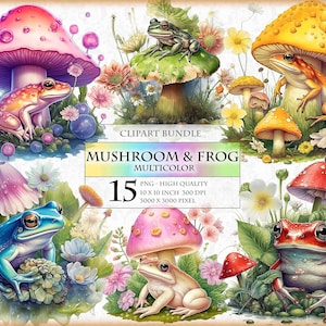 Mehrfarbiger Pilz und Frosch, druckbares HLQ 15 PNG Bild, Aquarell Clipart Fussy Schnitte Aufkleber transparente Sublimation, sofortiger Download