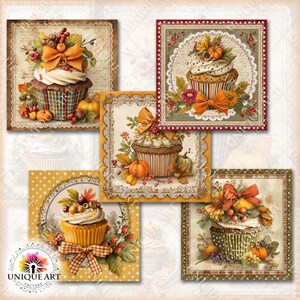 May include: A collage of five vintage-style cupcake illustrations. Each features a cupcake with white frosting, autumn-themed decorations like pumpkins and bows, and decorative borders. The color palette includes warm tones of orange, brown, and green.