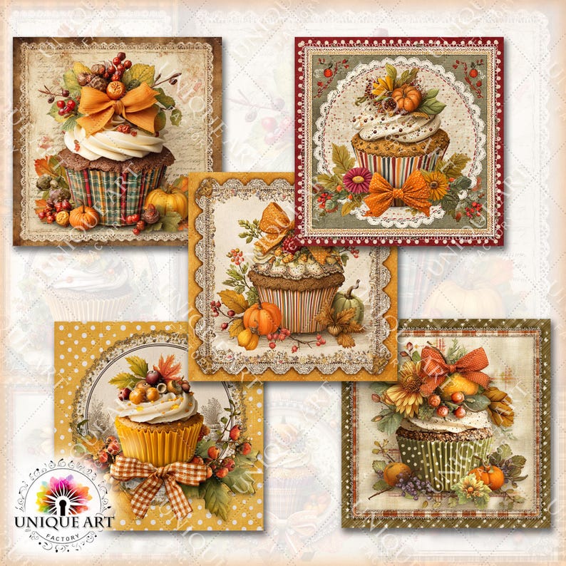May include: A collage of five vintage-style cupcake illustrations. Each features a cupcake with white frosting, autumn-themed decorations like pumpkins and bows, and decorative borders. The color palette includes warm tones of orange, brown, and green.