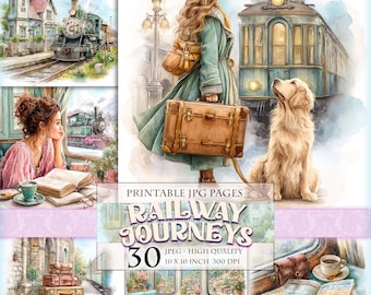 Railway Journeys Clipart Set, Printable 30 JPG image, Nostalgic Landscapes, Vintage Train Travel Illustrations