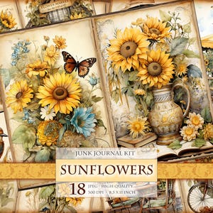 Sunflowers Watercolor Junk Journal Kit, Digital Collage Sheet Printable Scrapbook Pages Clipart Postcard Making Decoupage Instant download.