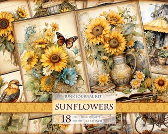 Sunflowers Watercolor Junk Journal Kit, Digital Collage Sheet Printable Scrapbook Pages Clipart Postcard Making Decoupage Instant download.