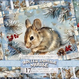 Wintertiere - Maus, Schneelandschaft, druckbares JPG Bild, Junk Journal, Scrapbook, Ephemera Fussy Cuts Clipart Sofortiger Download.