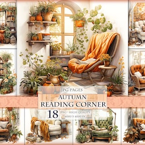 Gemütliche Leseecke im Herbst, druckbare 18 JPG Bild, Aquarell Cliparts, Junk Journal Scrapbook Ephemera Postkarten, Sofort Download.
