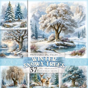 Könnte beinhalten: Eine Sammlung digitaler Kunstdrucke mit Winterlandschaften mit schneebedeckten Bäumen, Bergen und einem See. Die Drucke sind im Aquarellstil mit sanften Blau- und Weißtönen gehalten. Der Text auf dem Bild lautet "Winter Snowy Trees" und "37 JPEG - High Quality 25,4 x 25,4 cm 300 DPI."