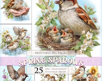 Spring Sparrow Clipart Set, Printable 25 JPEG image, Wildflower Meadow Landscapes, Rustic Nature  Wall Art Countryside (Digital Download)