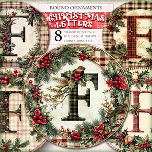 Letras de Navidad - F - Paquete de imágenes prediseñadas de acuarela 8 HQ PNG imprimibles para colgar puertas, coronas, letreros, adornos redondos, imagen de regalo, descarga instantánea.