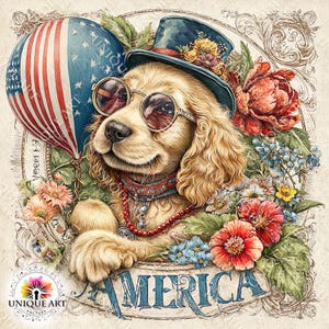 May include: A whimsical illustration of a golden Cocker Spaniel wearing sunglasses and a top hat adorned with flowers. The dog is surrounded by flowers and a hot air balloon with the American flag design. The word "AMERICA" is displayed below.