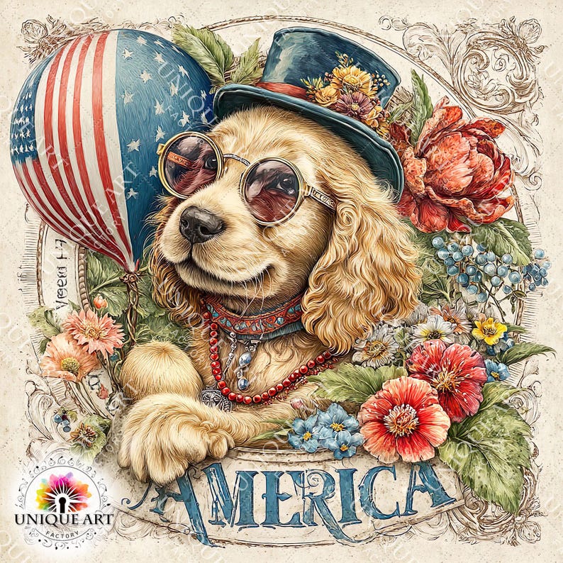May include: A whimsical illustration of a golden Cocker Spaniel wearing sunglasses and a top hat adorned with flowers. The dog is surrounded by flowers and a hot air balloon with the American flag design. The word "AMERICA" is displayed below.