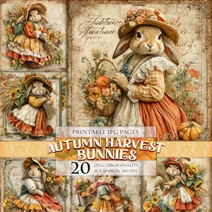 Conejitos, calabazas y flores de la cosecha de otoño, imagen imprimible de 20 JPG, paisaje de otoño, diario basura vintage, efímera, decoupage, descarga instantánea.