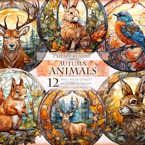 May include: A set of 12 digital illustrations of autumn animals in a stained glass style. The animals include a deer, a squirrel, a rabbit, and a bird. The illustrations are high quality and are perfect for use in digital scrapbooking, card making, and other craft projects.