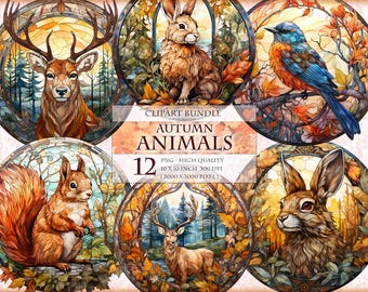 Autumn Animals, Stained Glass Watercolor Clipart, Printable 12 PNG image, door hanger wreath sign ornament, instant download.