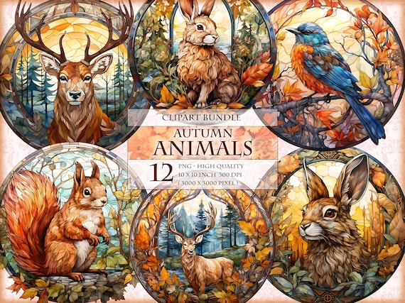 Autumn Animals, Stained Glass Watercolor Clipart, Printable 12 PNG image, door hanger wreath sign ornament, instant download.