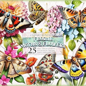Florale Motten und Schmetterlinge Vol.02, Aquarell Clipart Bundle, 25 qqz bedruckbar, transparentes PNG-Format, Sublimation, sofortiger Download.