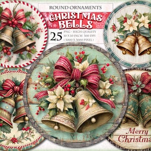Puede incluir: Adornos navideños redondos con ilustraciones de campanas, lazos, acebo y flores de Nochebuena. Los adornos tienen una estética vintage y desgastada con una paleta de colores rojo, verde y dorado. El texto incluye "Christmas Bells" y "Merry Christmas".