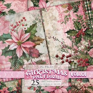 Fundo floral rosa de Natal Vol.01, páginas de scrapbook para impressão, imagens digitais, criação de decoupage para cartão postal de diário de lixo Download instantâneo.