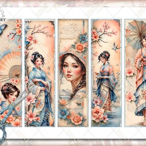 Geisha Bookmarks, Watercolor Digital Sheets, 2x7 Inch 25 Bookmarks in 5 ...