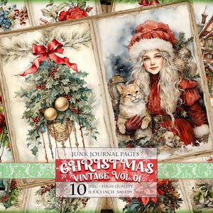May include: A set of 10 digital junk journal pages featuring a Christmas theme. The pages include illustrations of a girl with a cat, a Christmas tree, and a winter scene. The pages are 11 x 8.5 inches and 300 DPI.
