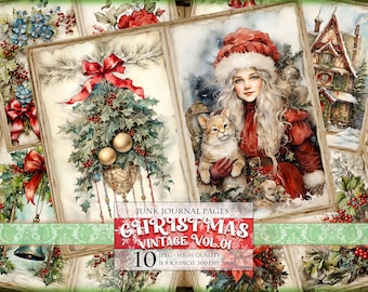 Christmas Vintage Vol.01, Watercolor Junk Journal Pages, 10 JPG - 11X8.5 inch, Instant download and printable, Digital collage sheet