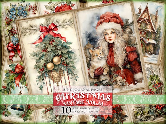 Christmas Vintage Vol.01, Watercolor Junk Journal Pages, 10 JPG - 11X8.5 inch, Instant download and printable, Digital collage sheet