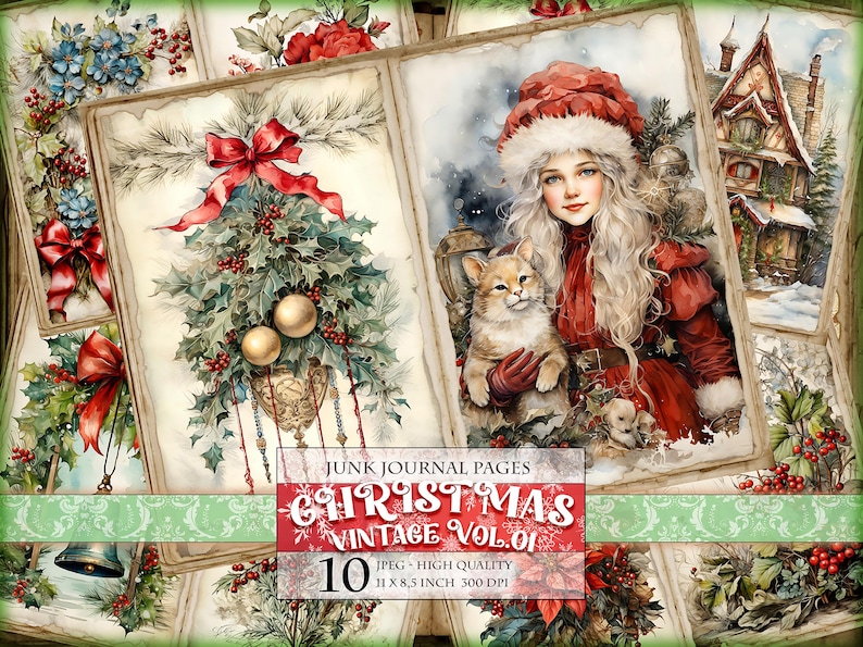 May include: A set of 10 digital junk journal pages featuring a Christmas theme. The pages include illustrations of a girl with a cat, a Christmas tree, and a winter scene. The pages are 11 x 8.5 inches and 300 DPI.