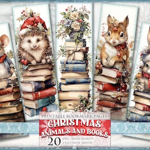 Segnalibri di Natale, animali e libri, fogli digitali acquerellati, 2 x 6,3 pollici 20 segnalibri in 4 pagine JPG stampabili, download immediato.