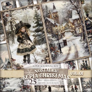 ノスタルジック セピア クリスマス Vol.01、印刷可能なジャンク ジャーナル キット、デジタル ページ、タグ、ラベル、ATC、25 枚の JPG 11 x 8.5 インチ画像、即時ダウンロード。