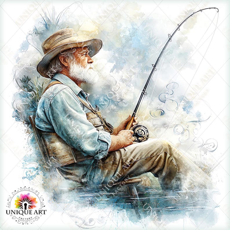 May include: Watercolor painting of a fisherman sitting on a small stool, holding a fishing rod. The man wears a hat, light blue shirt, and khaki pants. The artwork has a soft, dreamy quality with blue and white watercolor washes.