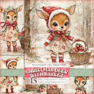 Ciervo navideño con canasta, imagen JPG imprimible de varios tamaños, 15 imágenes, clipart de acuarela, página de diario basura, decoupage, postal, descarga instantánea.