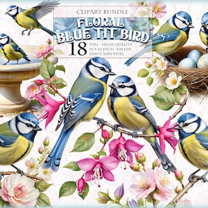 Oiseau mésange bleue floral, lot de cliparts aquarelle, imprimable 18 PNG, téléchargement immédiat d'image en sublimation de coupes difficiles d'embellissement de journal.